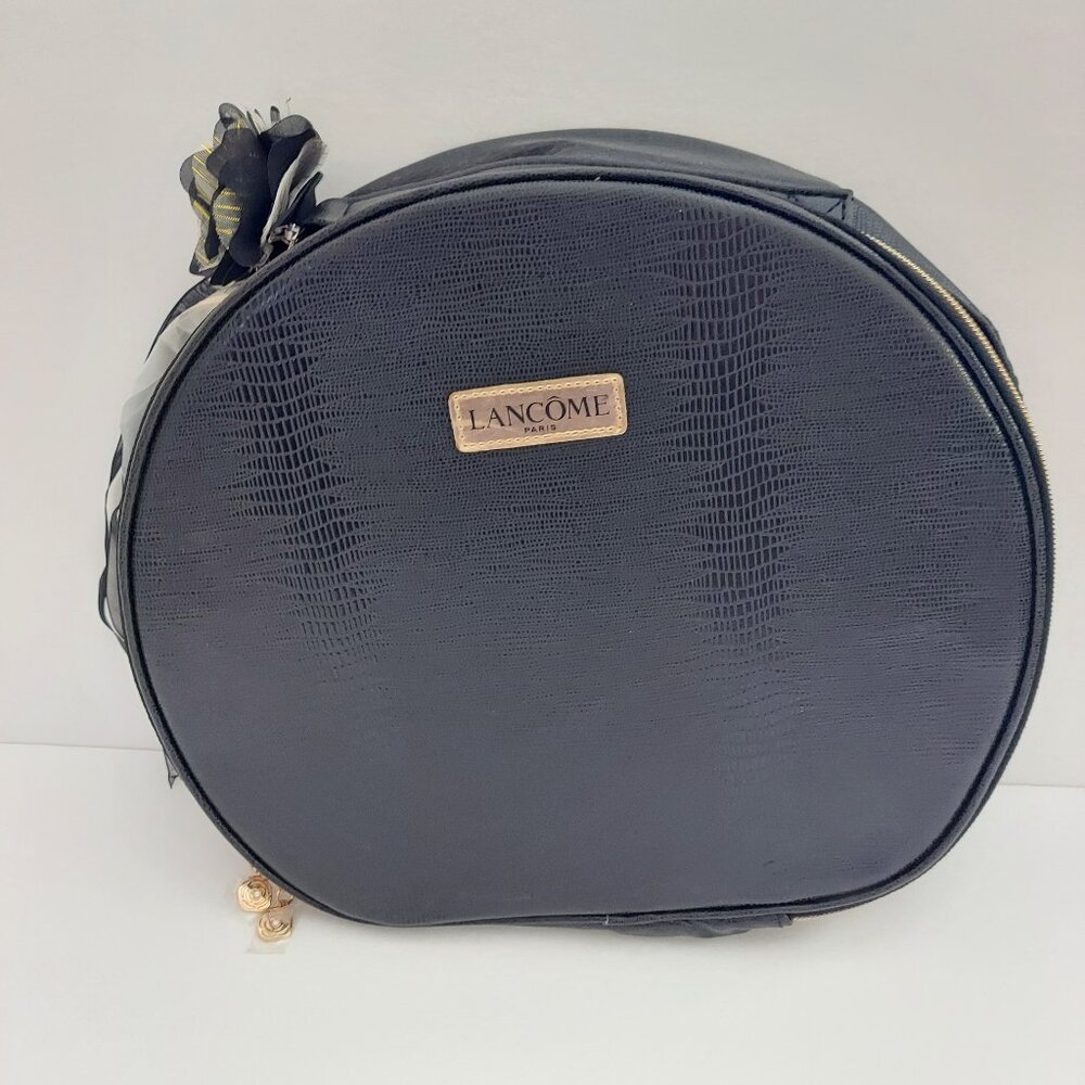 Lancome Paris Cosmetic Case Make-up Bag Train Case Large Round Black Travel Tote